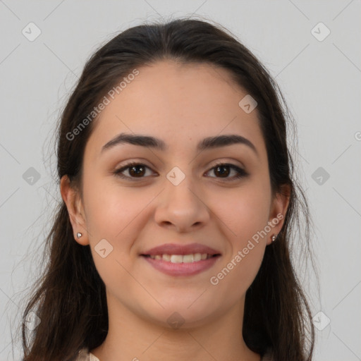 Joyful white young-adult female with long  brown hair and brown eyes