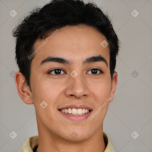 Joyful latino young-adult male with short  brown hair and brown eyes