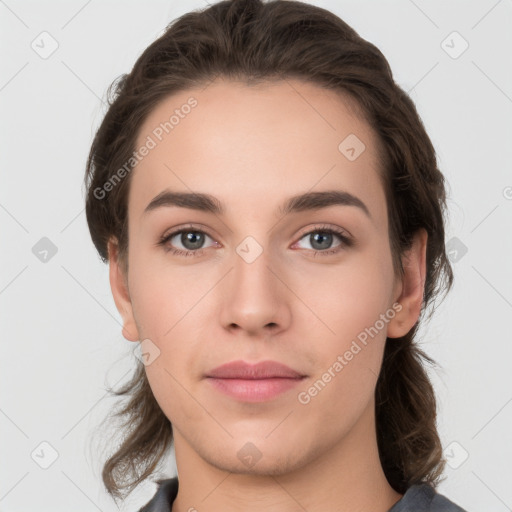 Neutral white young-adult female with medium  brown hair and brown eyes