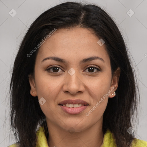 Joyful latino young-adult female with medium  brown hair and brown eyes