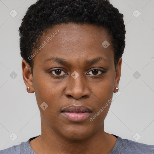 Neutral black young-adult female with short  brown hair and brown eyes