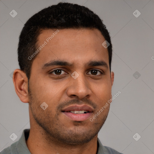 Neutral latino young-adult male with short  brown hair and brown eyes