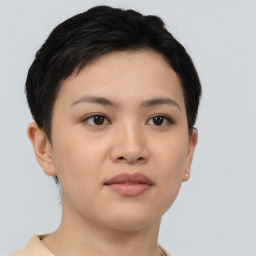 Joyful asian young-adult female with short  brown hair and brown eyes