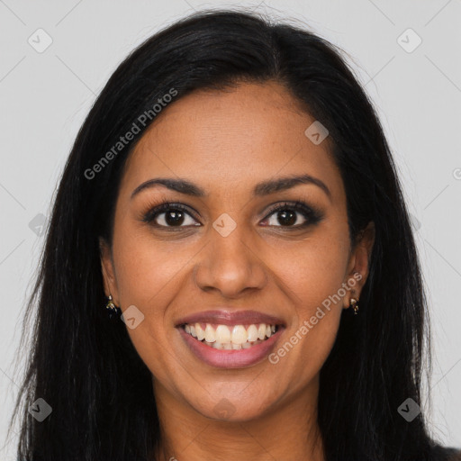 Joyful latino young-adult female with long  brown hair and brown eyes