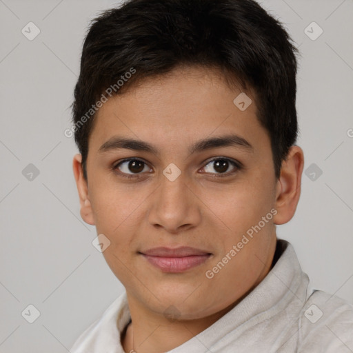 Joyful latino young-adult male with short  brown hair and brown eyes