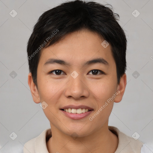 Joyful asian young-adult male with short  brown hair and brown eyes