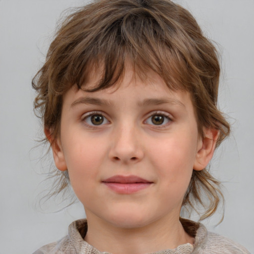 Neutral white child female with medium  brown hair and grey eyes