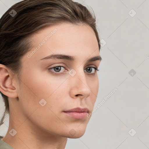 Neutral white young-adult female with short  brown hair and brown eyes