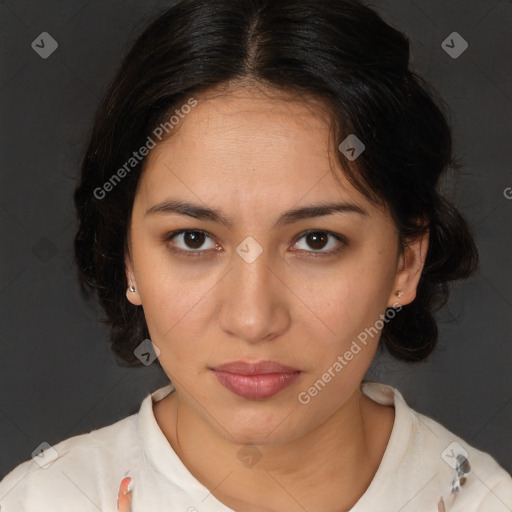 Neutral white young-adult female with medium  brown hair and brown eyes