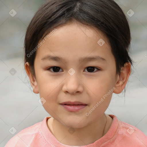 Joyful white child female with medium  brown hair and brown eyes