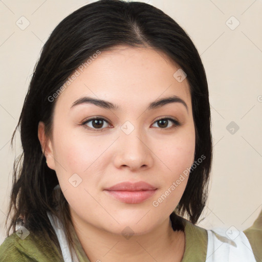 Neutral white young-adult female with medium  brown hair and brown eyes