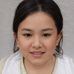 Joyful white child female with medium  brown hair and brown eyes