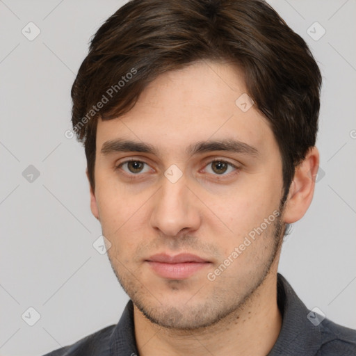 Neutral white young-adult male with short  brown hair and brown eyes