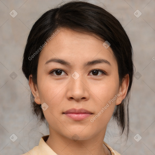 Neutral asian young-adult female with medium  brown hair and brown eyes