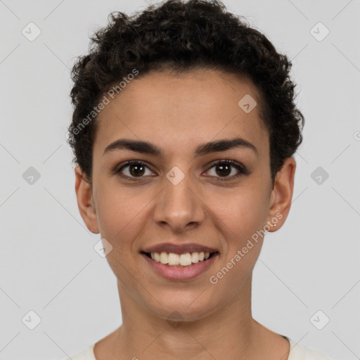 Joyful white young-adult female with short  brown hair and brown eyes