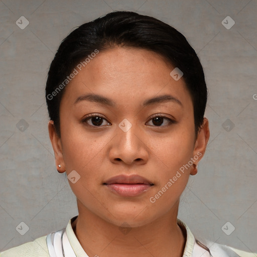 Neutral white young-adult female with short  brown hair and brown eyes