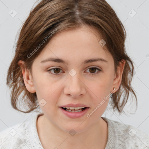 Joyful white child female with medium  brown hair and brown eyes