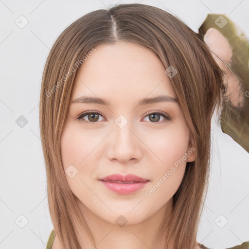 Neutral white young-adult female with medium  brown hair and brown eyes