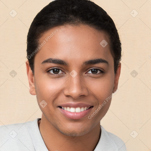 Joyful white young-adult female with short  brown hair and brown eyes