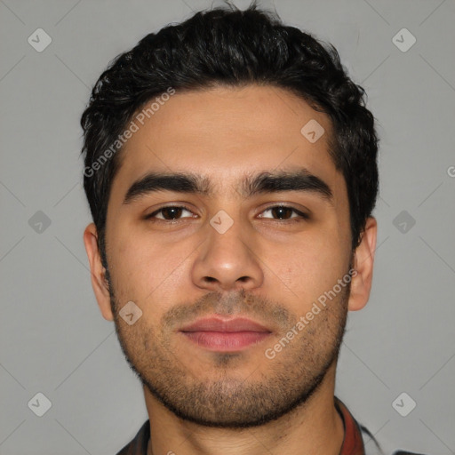 Neutral latino young-adult male with short  black hair and brown eyes