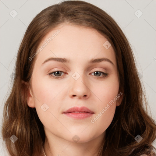 Neutral white young-adult female with long  brown hair and brown eyes