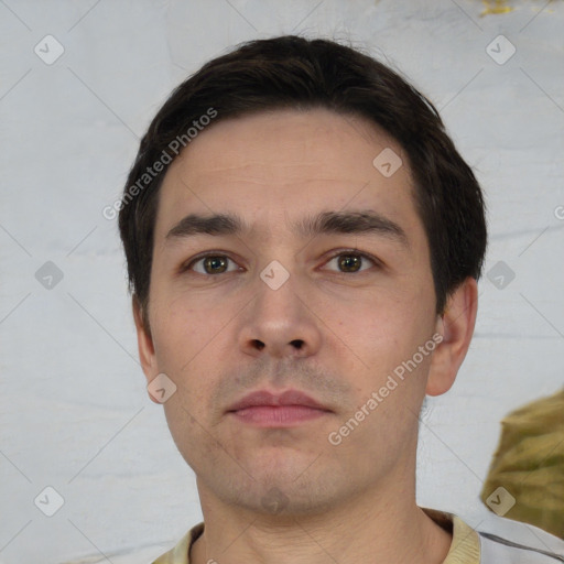 Neutral white young-adult male with short  brown hair and brown eyes