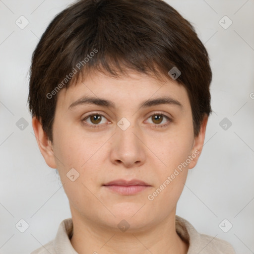 Neutral white young-adult female with short  brown hair and brown eyes