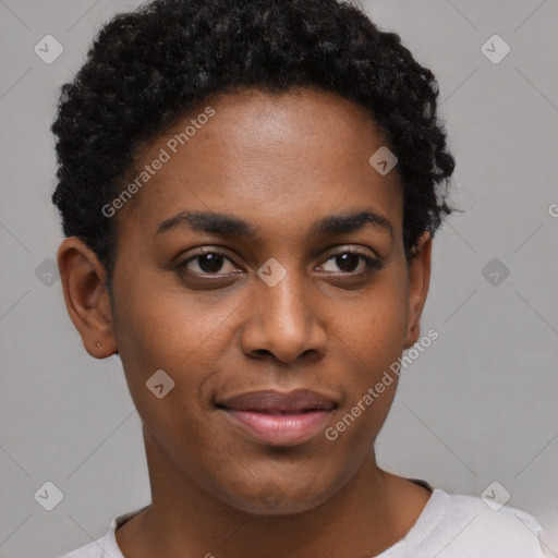 Joyful black young-adult female with short  black hair and brown eyes