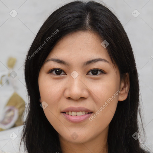 Joyful asian young-adult female with long  brown hair and brown eyes