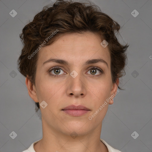 Neutral white young-adult female with short  brown hair and brown eyes