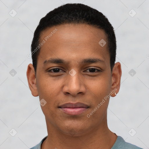 Joyful black young-adult male with short  black hair and brown eyes