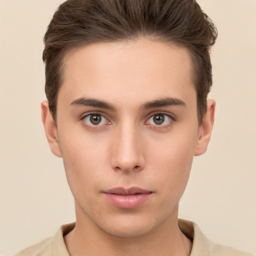 Neutral white young-adult male with short  brown hair and brown eyes