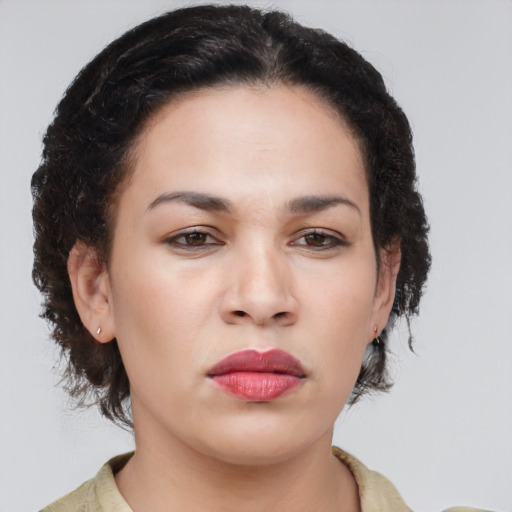 Neutral asian young-adult female with medium  brown hair and brown eyes