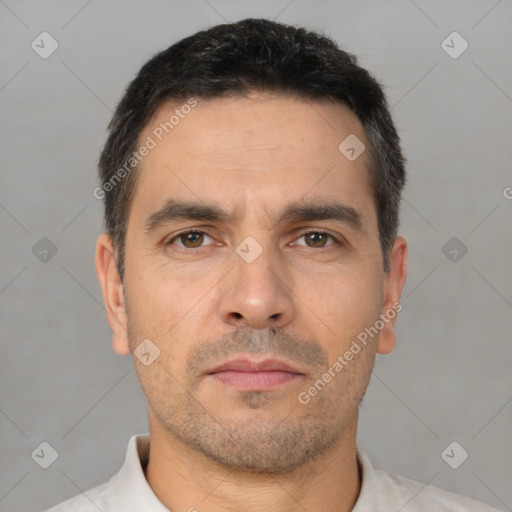 Neutral white adult male with short  brown hair and brown eyes