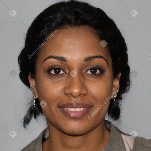 Joyful black young-adult female with medium  black hair and brown eyes