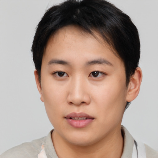Neutral asian young-adult female with short  brown hair and brown eyes