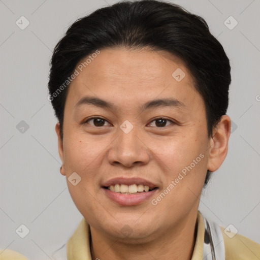 Joyful asian young-adult female with short  brown hair and brown eyes