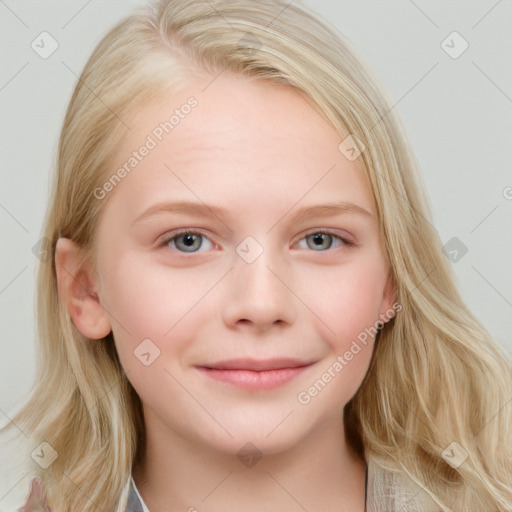 Joyful white child female with medium  brown hair and blue eyes