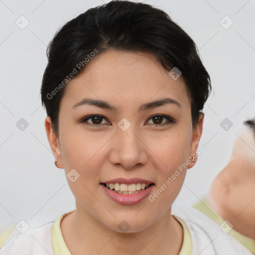 Joyful asian young-adult female with short  brown hair and brown eyes