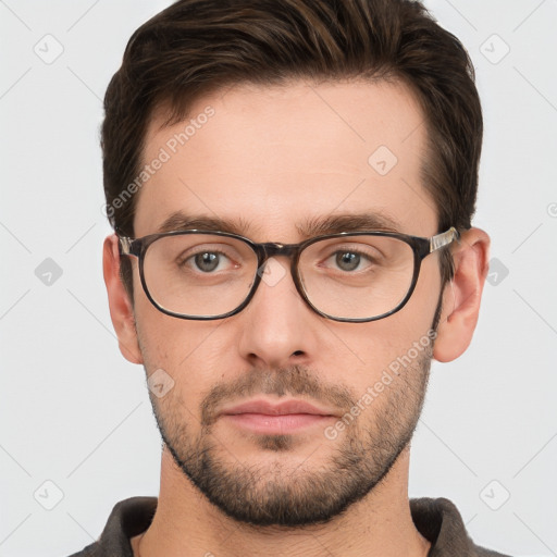 Neutral white young-adult male with short  brown hair and grey eyes