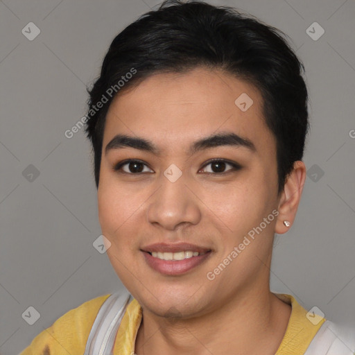 Joyful asian young-adult female with short  black hair and brown eyes