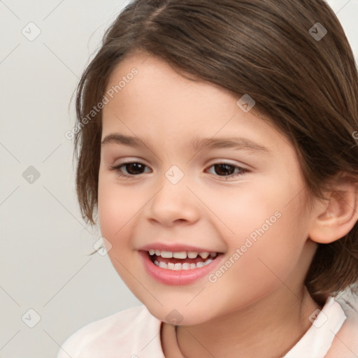 Joyful white child female with medium  brown hair and brown eyes