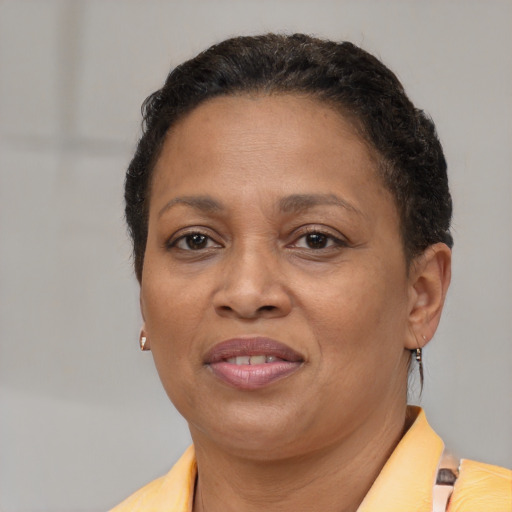 Joyful black adult female with short  brown hair and brown eyes