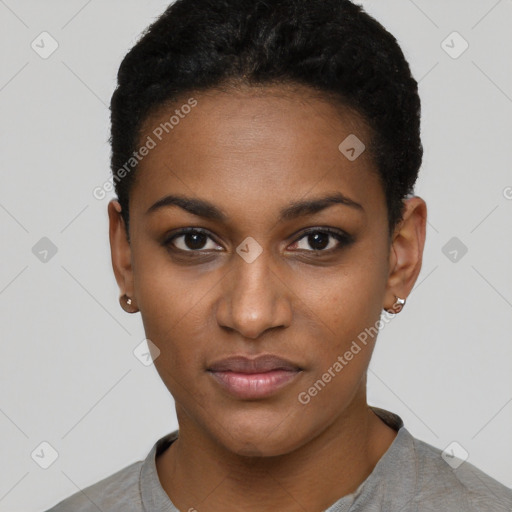 Neutral black young-adult female with short  black hair and brown eyes