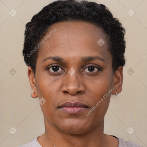 Neutral black young-adult female with short  brown hair and brown eyes