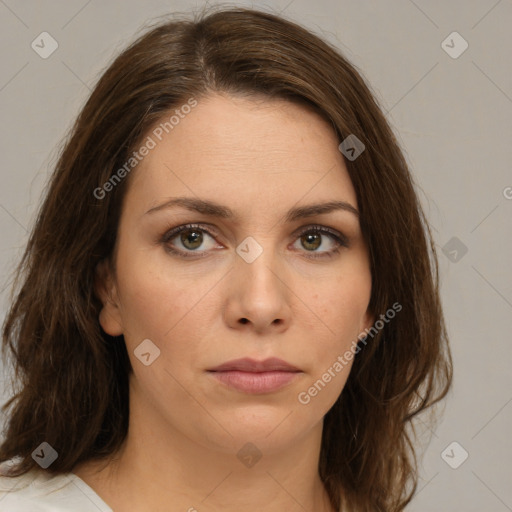 Neutral white young-adult female with medium  brown hair and brown eyes