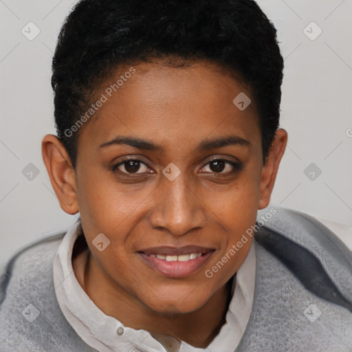 Joyful black young-adult female with short  brown hair and brown eyes