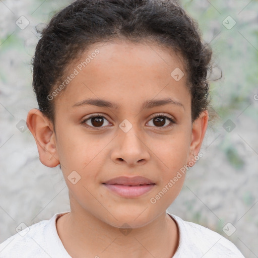 Joyful white child female with short  brown hair and brown eyes