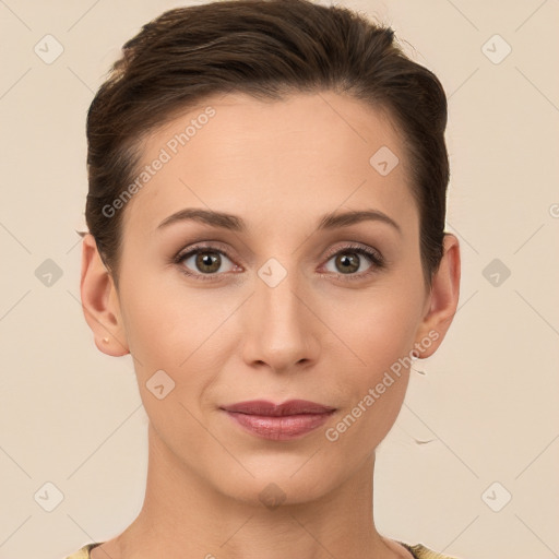 Joyful white young-adult female with short  brown hair and brown eyes