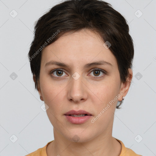 Neutral white young-adult female with short  brown hair and brown eyes